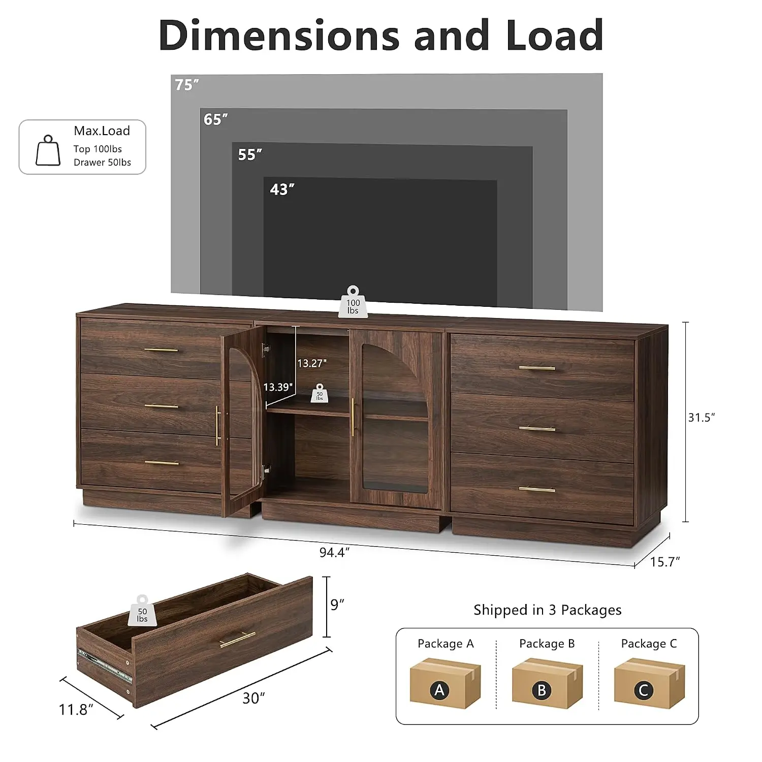 Mid Century Modern TV Stand for 75 Inch TV, 3 Pieces Walnut Wood Entertainment Center Media Console Storage Cabinet, Customized