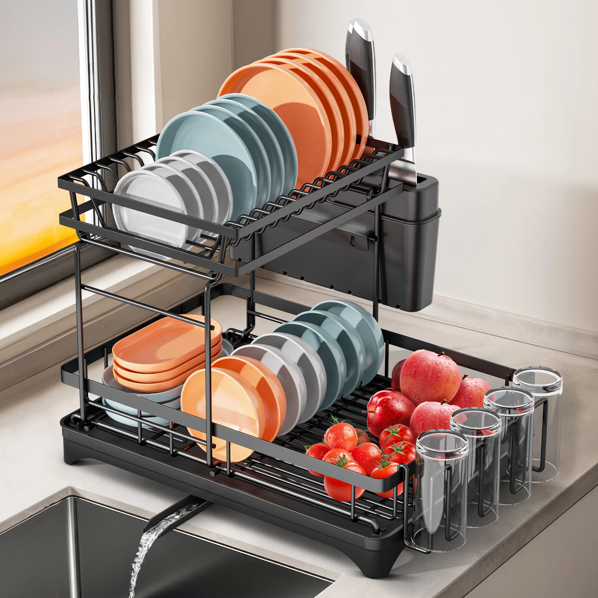 

2 Tier Dish Sink Drying Dish Drainers For Kitchen Sink, Plate Organizer
