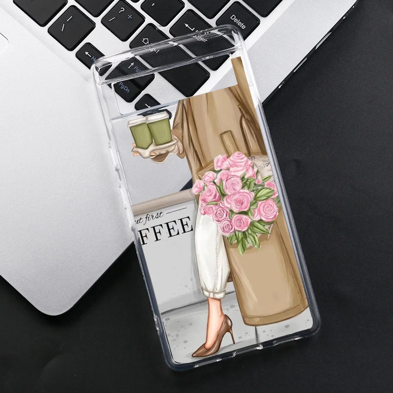 Fashion Girl Women Coffee Miss Phone Case For Google Pixel 9 Pro XL 8 Pro 8A 7 6A 5G Lady High Heel Clear Soft TPU Cover Fundas