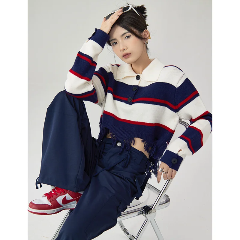 Women Navy Blue Stripe Sweater Short POLO Collar Contrasting Colors Fashion Tassels Leisure Winter Long Sleeves Knitting Tops