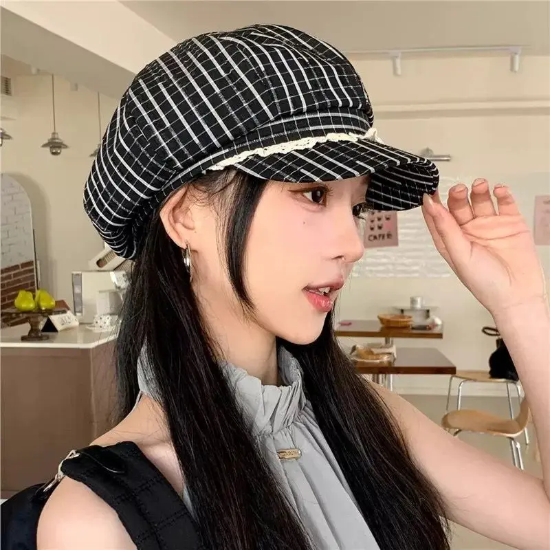 Plaid Baker Boy Hat Women Lace Trim Cute Newsboy Cap Travel Coquette Peaked Beret Street Snap Adjustable Aesthetic Cabbie Cap