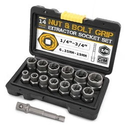 Hi-Spec 14pc Extraction Socket Set, Impact Bolt Nut Remover Set, Bolt Extractor Tool Set for Removing Damaged Bolts Nuts Screws