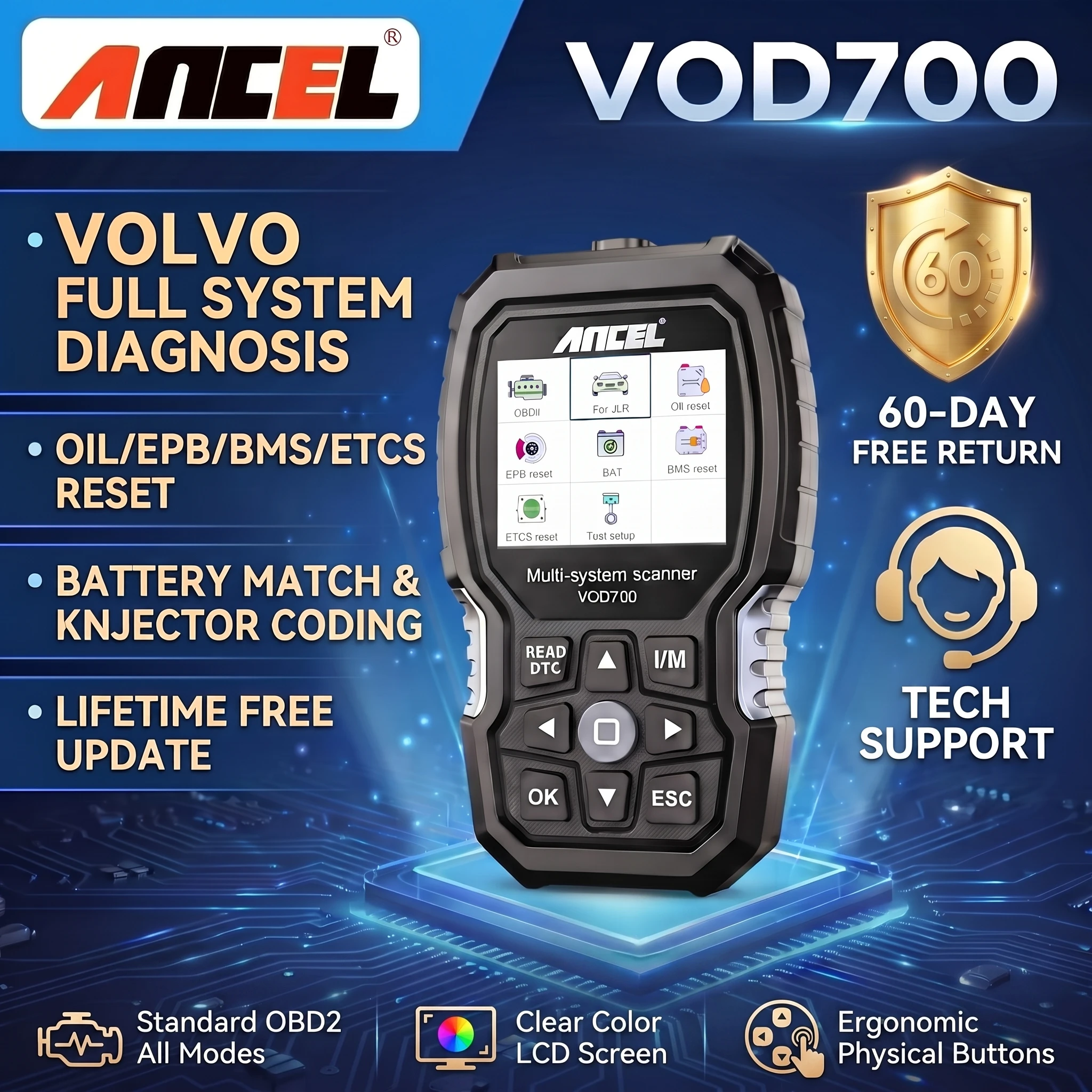 2026 Ancel VOD700 All System OBD2 Scanner Airbag Reset EGR Reset ABS Bleeding Diagnostic Tool For Volvo Lifetime Free Update