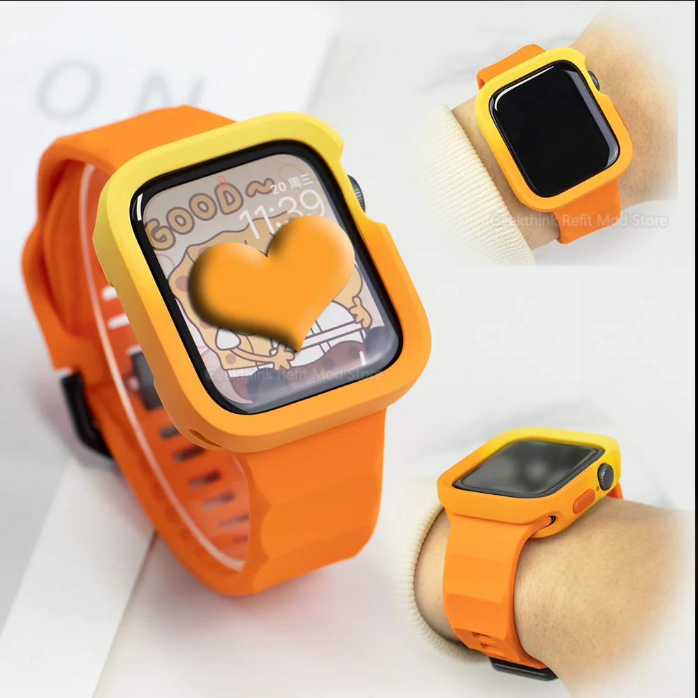 

Candy Silicone Case+Strap For Apple Watch Series 9 45mm Band 8 7 SE 2 6 5 4 44mm bracelet correa cover for iwatch Ultra 2 49mm