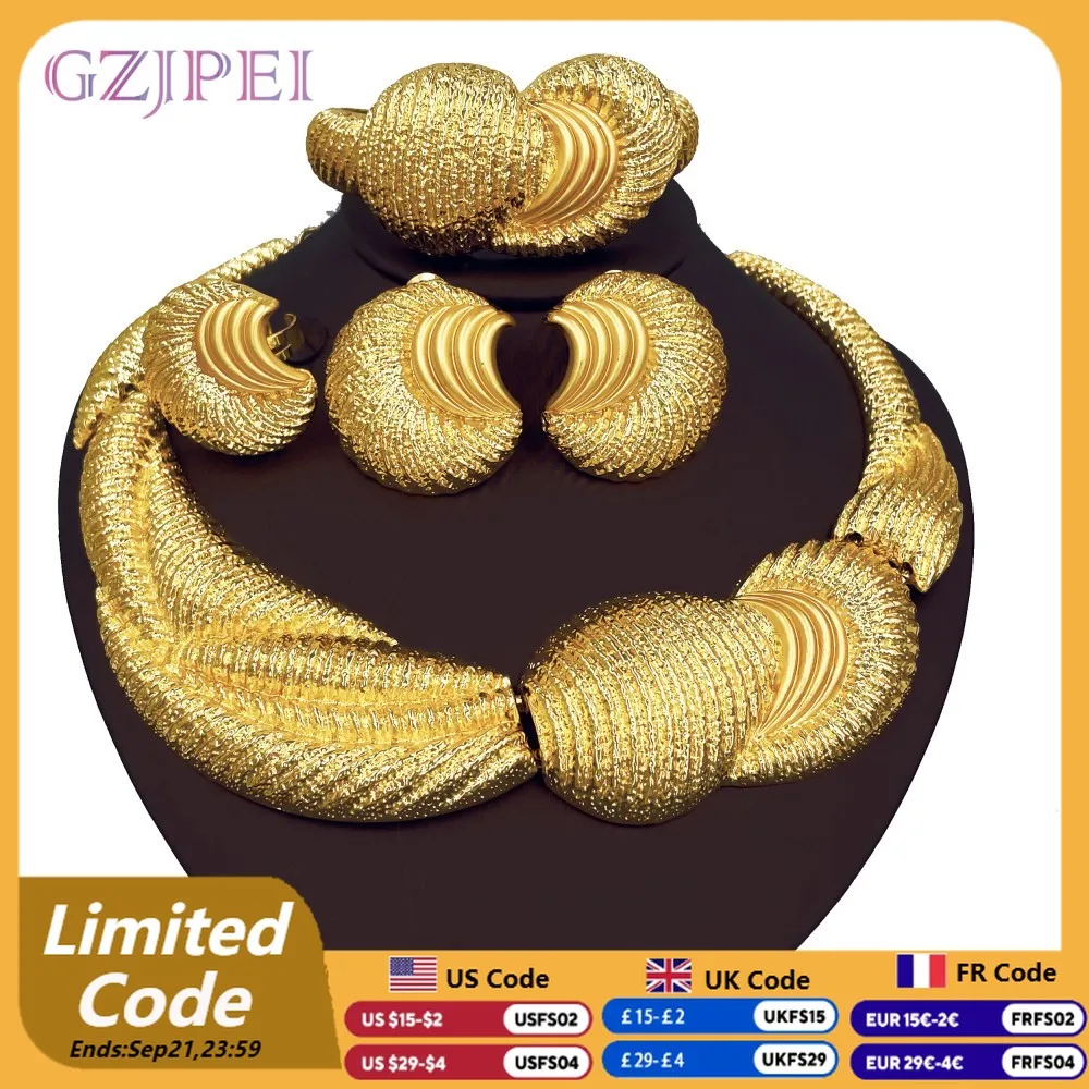 

Luxury 18K Gold Plated Big Jewelry Set Large Necklace Chunky Bangle Bracelet Moon Shape Piercing Earring Ring Women Wedding Gift