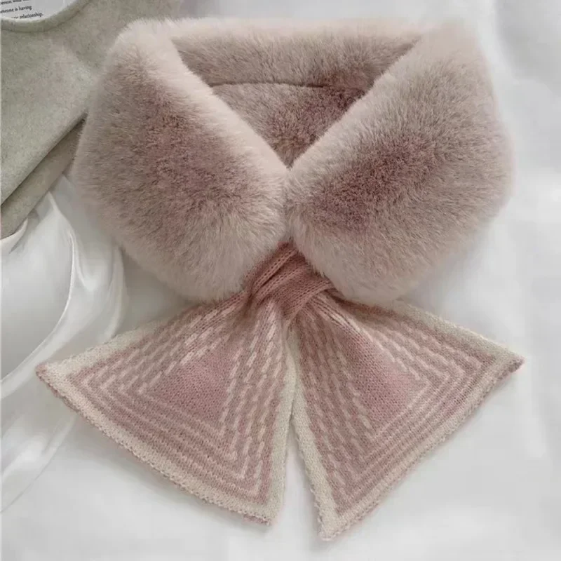 Autumn and Winter Women's Warm Rabbit Hair Pearl Scarf Neck Han Cute Shawl Fashion Knitted Plush High End