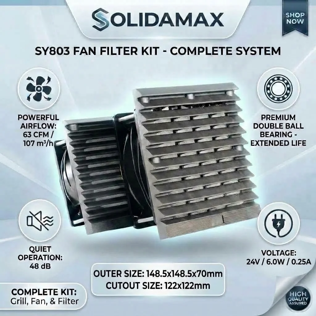 SOLIDAMAX SY803 DC 24V 0.25A 148.5x148.5mm 122x122mm Double Ball Bearing Dustproof Shutter Case Cooling Filter Vent Kit Fan