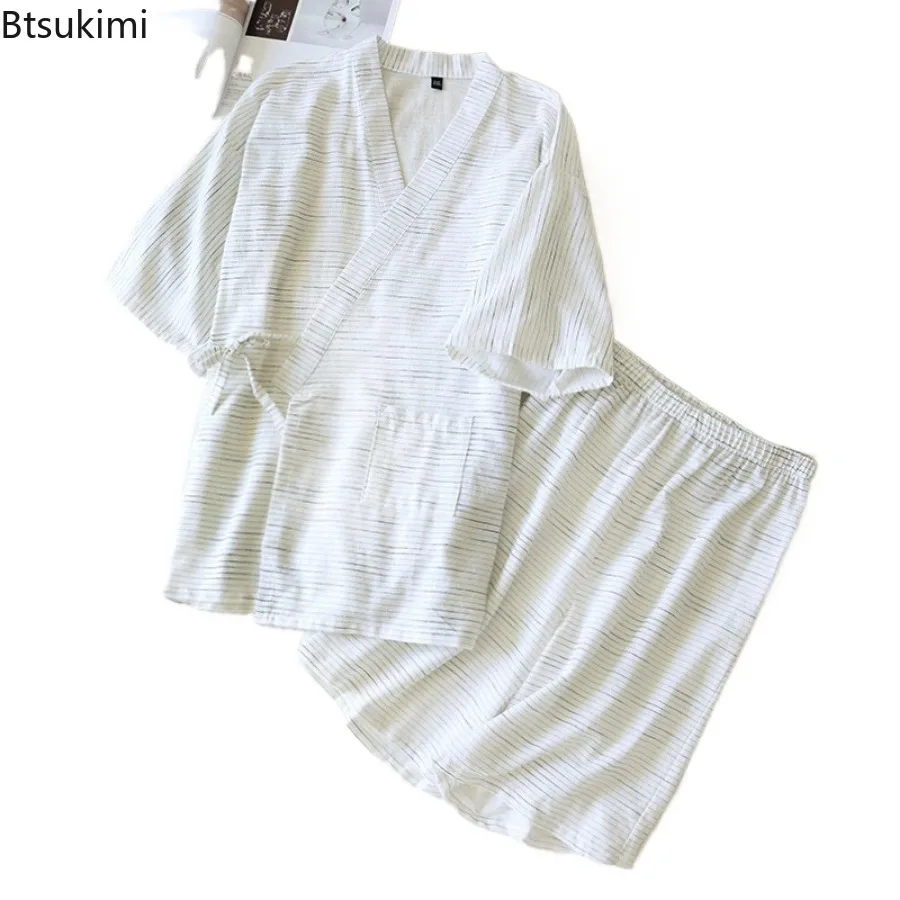 2024 Japanese Kimono Pajama Sets Men's Stripe Jacquard Loose 100% Cotton Short Sleeve Lace-up Tops+Shorts Home Sleepwear Outfits