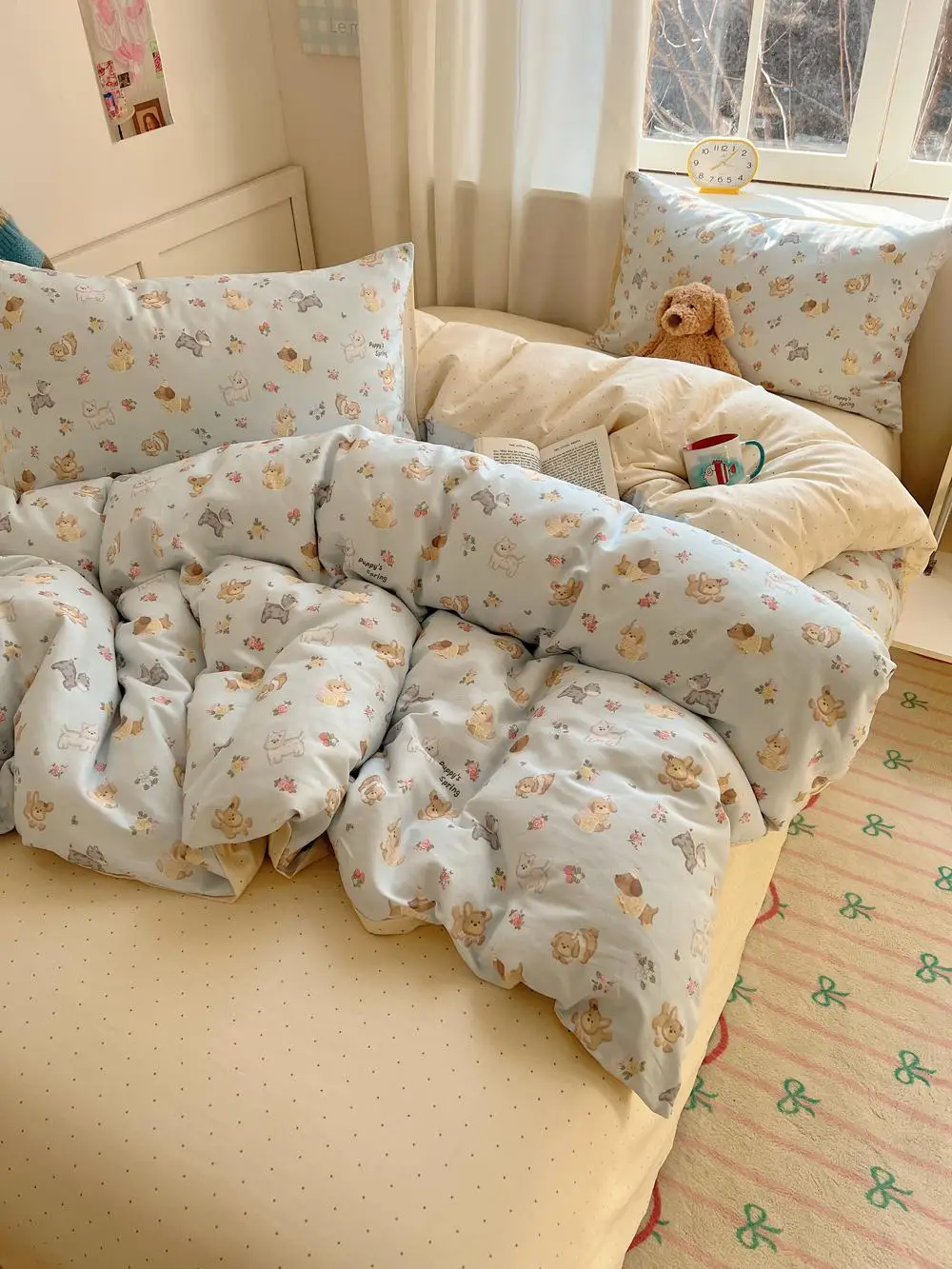 Cotton Blue Dog Cartoon Four-Piece Bedding Set 15m Bed Sheet 18 Bed Cap Bedding Soft Warm Comfortable Breathable for Girls