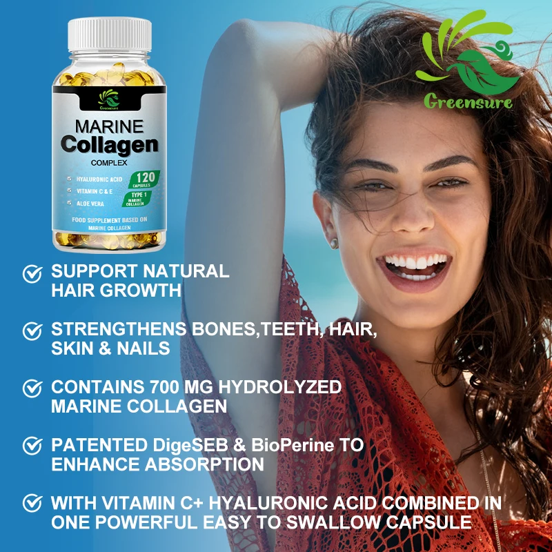 Greensure 60/120 Pcs Marine Collagen Capsules - Supports Joints, Hair, Skin, Nails, Cartilage & Overall Health