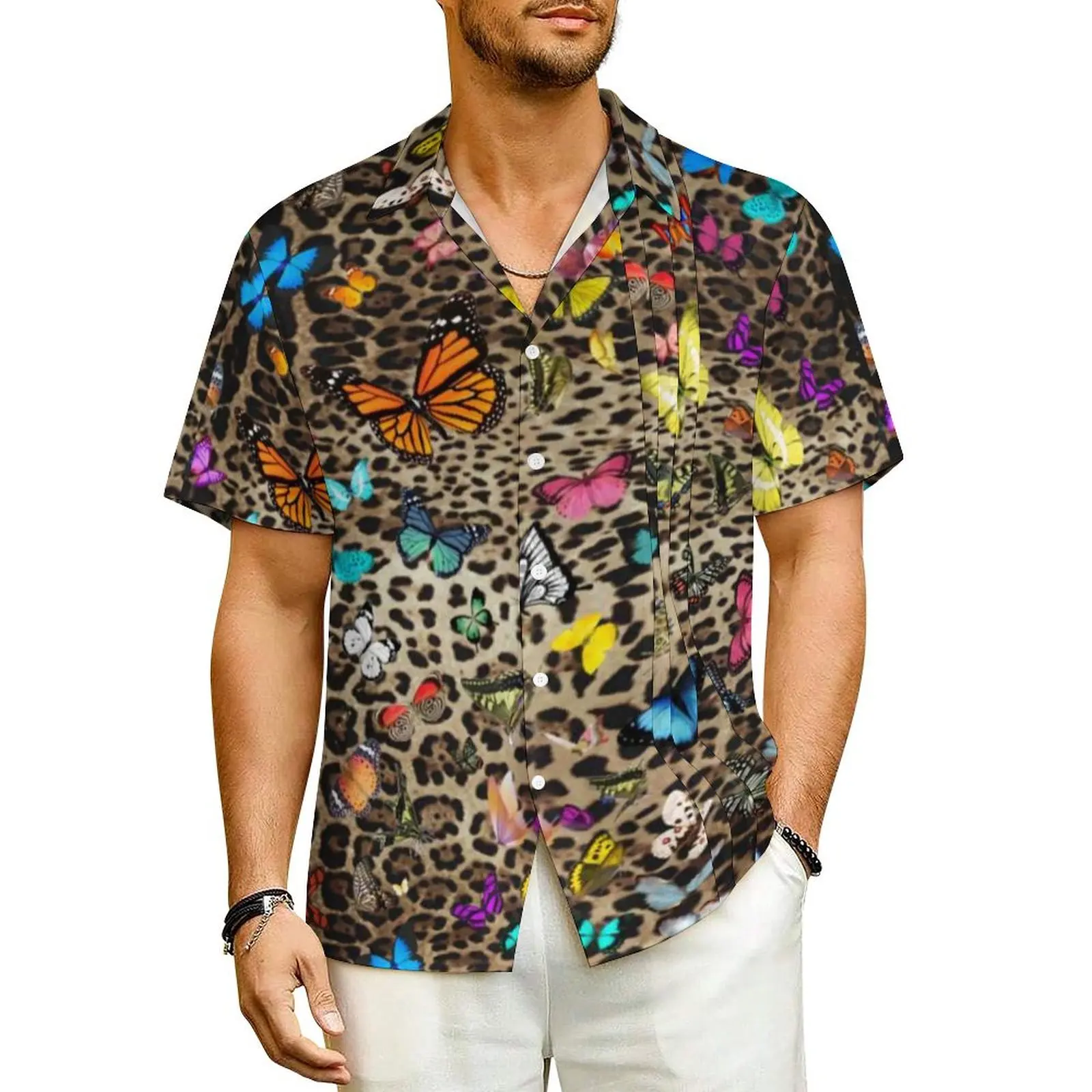 

Leopard Butterfly Beach Shirt Men Animal Butterflies Elegant Casual Shirts Hawaiian Short-Sleeve Streetwear Oversized Blouses