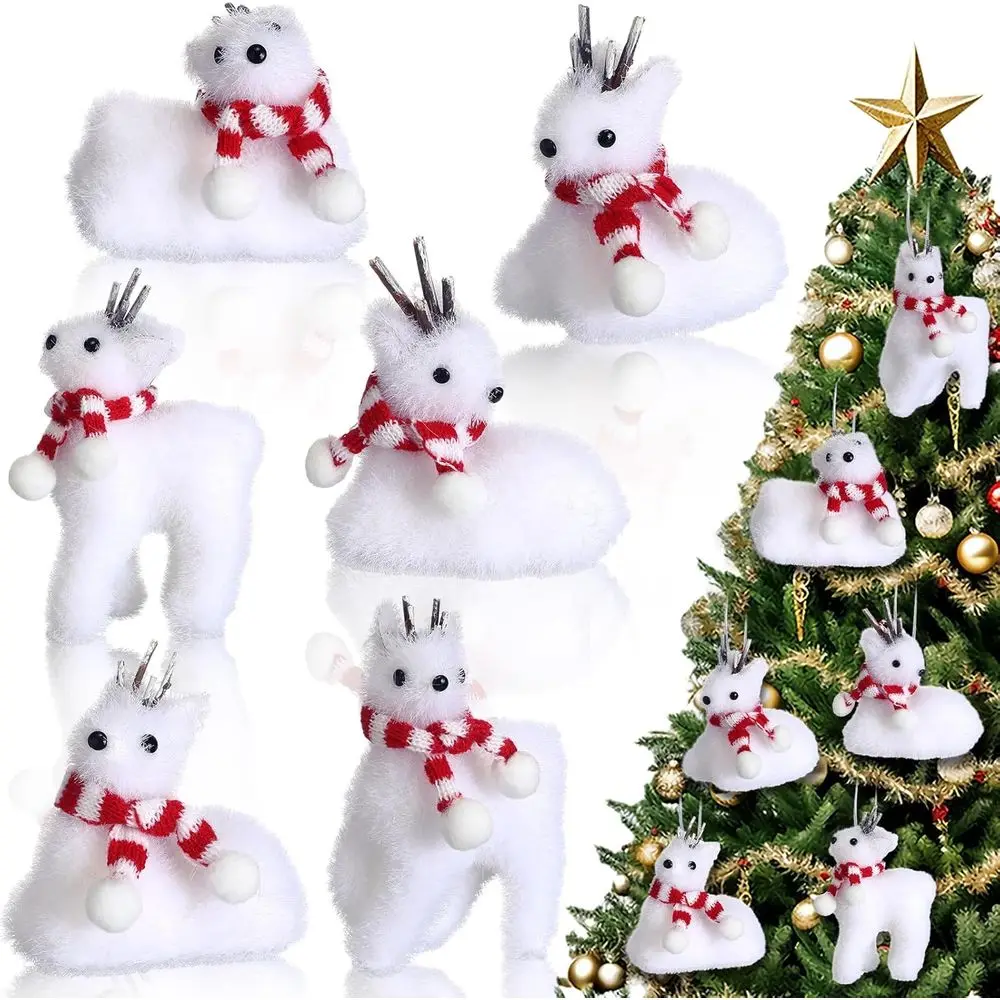 

Wesiti, 6 шт., рождественское украшение с оленями, белые плюшевые рождественские украшения, милый пушистый декор в деревенском стиле с шарфом для рождественской елки Po