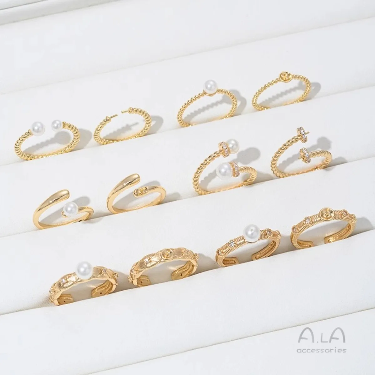 Brass Gold Plated CZ Half Hole Bezel Open Ring Blank DIY Pearl Inlay Finger Ring Jewelry Findings