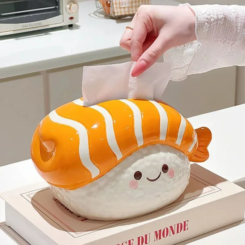 3D Cartoon Salmon Sushi Ceramic Tissue Box, Cute Paper Towel Holder for Home Decor, Living Room Coffee Table Napkin Storage Box