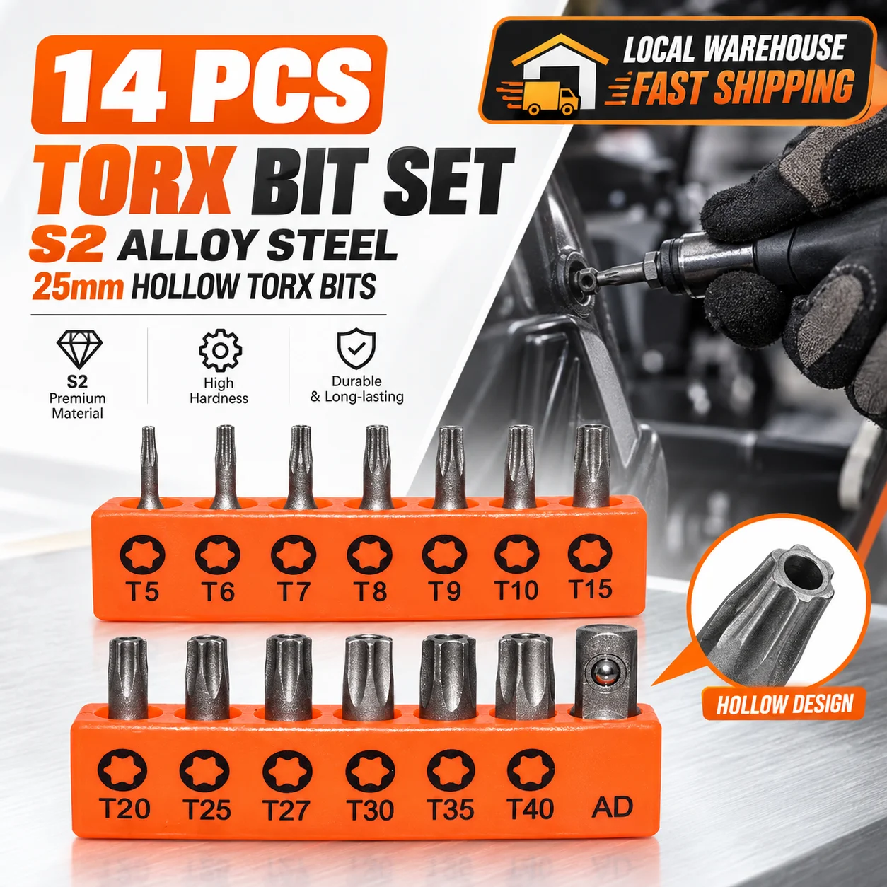 14-Piece Torx Bit Set, S2 Alloy Steel, 25mm Long Tamper-Proof Torx Bits, Security Screwdriver with Storage Strip, 6-Point Star Bits.