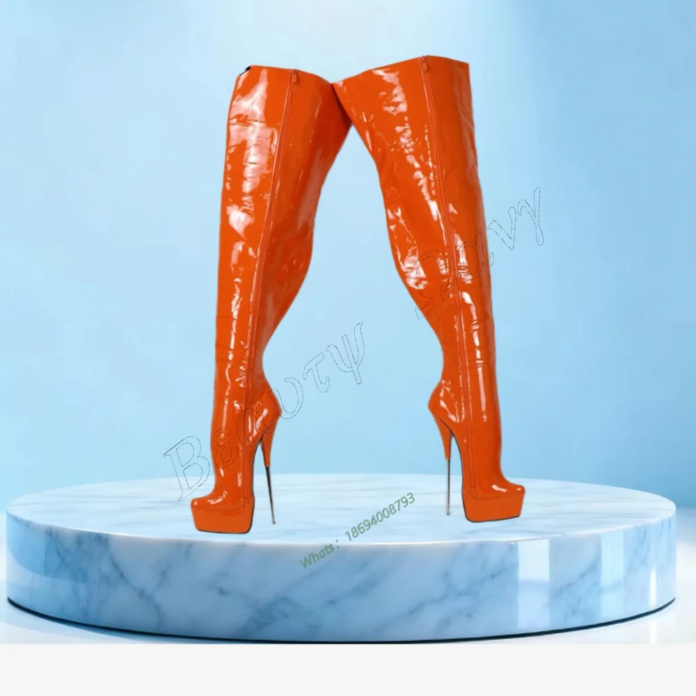 

Orange Side Long Zipper Boots Metal Heel Thigh High Spike High Heel Shoes Solid Sexy Women Shoes New Zapatos Para Mujere