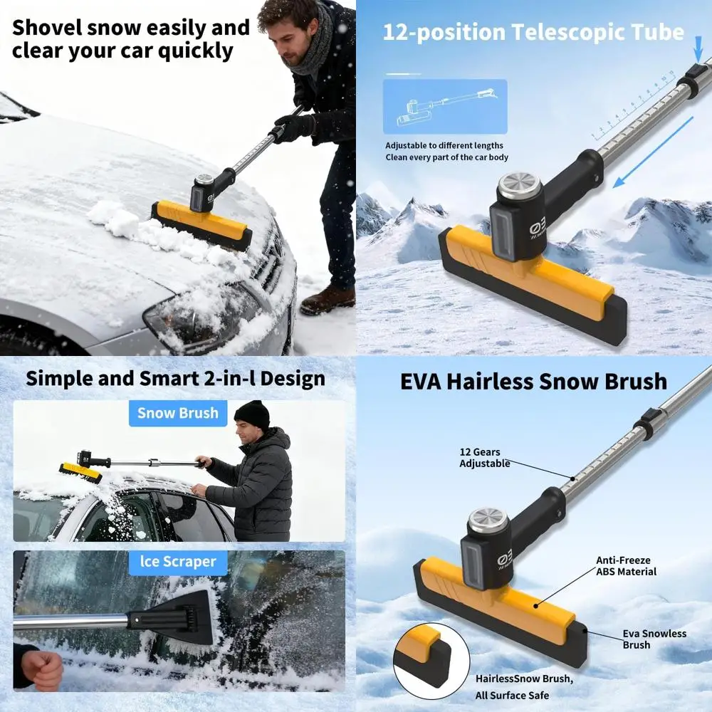 

Скребок для льда и щетка для снега для лобового стекла автомобиля с выдвижным механизмом, 12 регулируемыми настройками длины и 360° ° Поворотная насадка для щетки из ЭВА fo