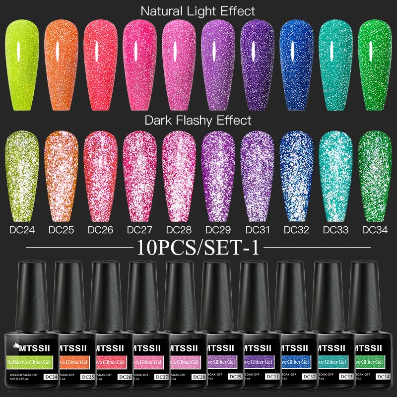 

Mtssii 10PCS Reflective Gel Nail Polish Set Fluorescent Glitter Semi Permanent Hybrid Gel Varnish Soak Off UV Lamp For Manicure