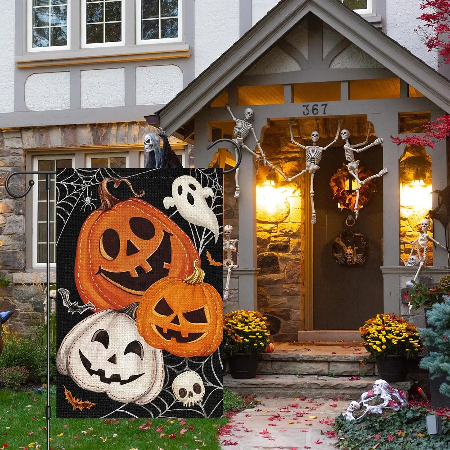 Heyfibro Welcome Halloween Pumpkin Garden Flag 12 x 18 Inch Vertical Double Sided Burlap, Ghost Spider Web Yard Flags for Se yyp