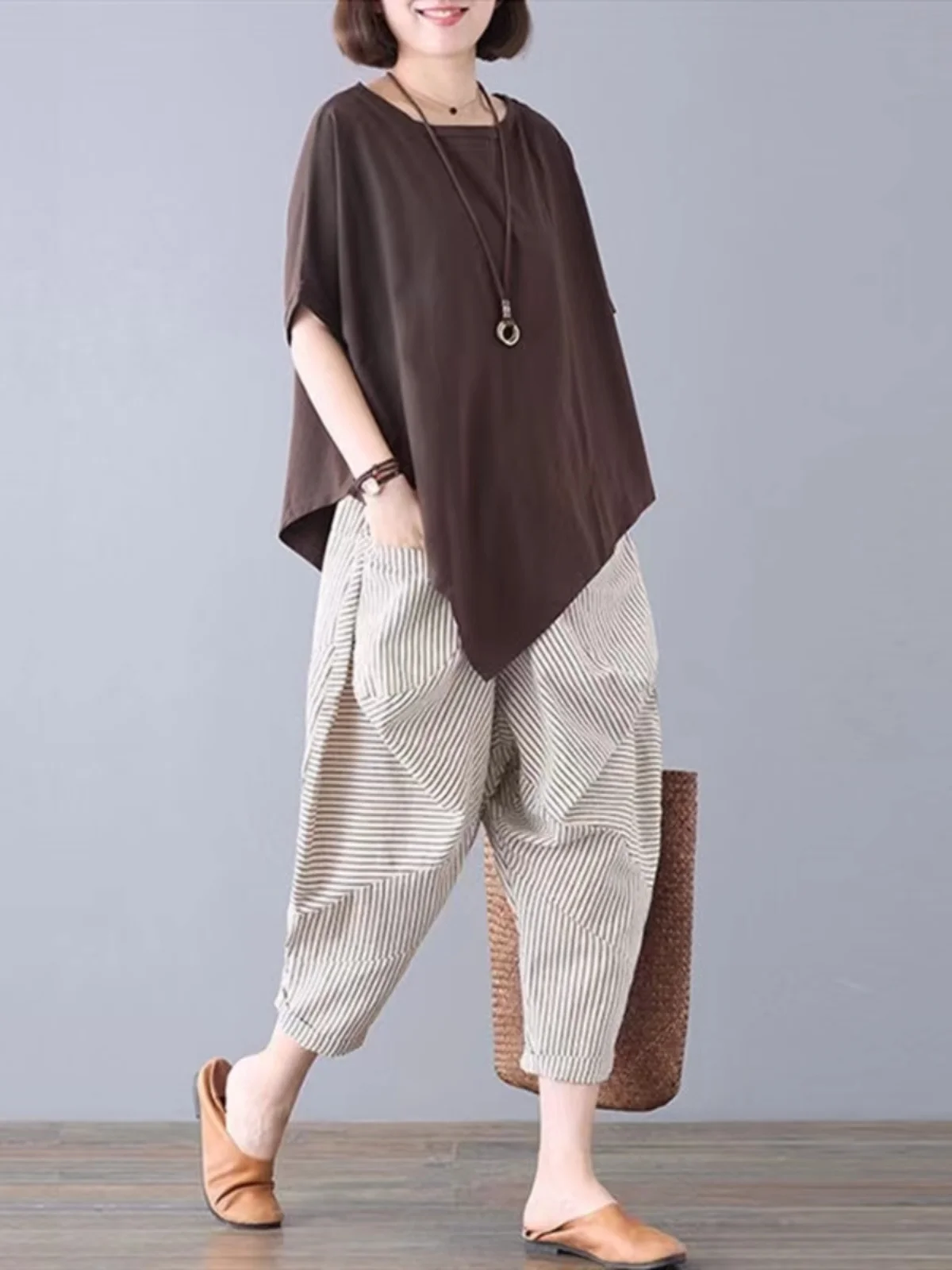 Cotton Blend Slimming Harem Pants Set Women's Loose Fit Summer Fashion Casual Wear Single Piece T-Shirt And Pants Ensemble