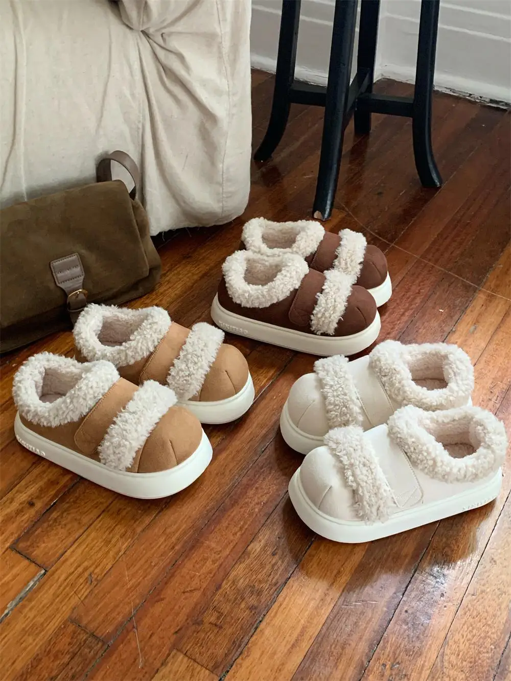 

Casual Lamb Fur Lined Thi Boted Slip-On oes for Women Winter Outdoor Wear Anti-Slip Bread oe Korean Sle round Toe