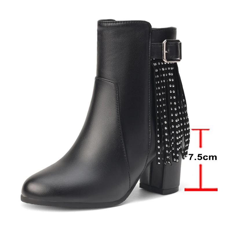 ANNYMOLI-Botines de punta redonda para mujer, zapatos de tacón alto grueso, borla, hebilla, cremallera, remaches, botas cortas, moda, invierno, negro, 46