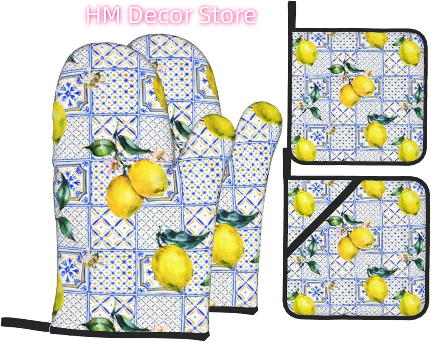 Lemon Yellow and Blue Tiles Oven Mitts and Pot Holders Sets of 4, Heat Resistant Oven Mitts - Country Style Non-Slip Cooking Glo