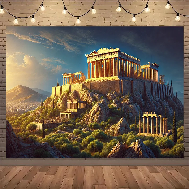 Ein Stück der Akropolis von Athen, ein Polyester-Banner mit einem antiken griechischen Hintergrund, Festival-Dekoration und Studio-Requisiten
