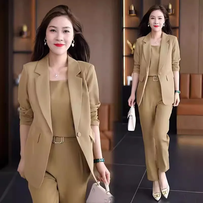 Conjunto blazer feminino de três peças, jaqueta fina casual, calça lápis, colete elegante de escritório, roupa de negócios, verão