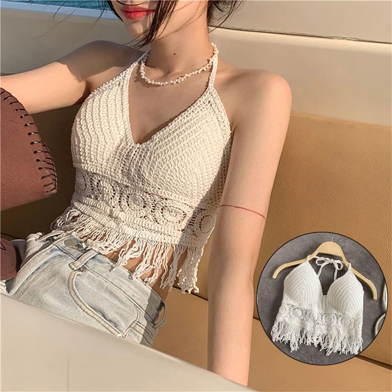 Sexy Boho Beach Vacation Camisole Hollow Fringe Cropped Tops Women's Crochet Swimsuit Bra Halter Tank Top Halter Neck Camisole