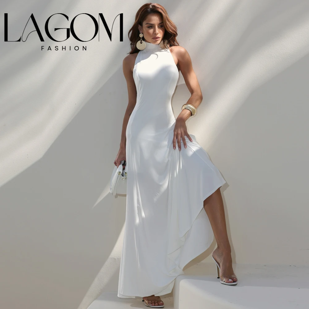 Lagom Exquisite New White Halter Evening Gown Dress Sleeveless Backless A-line Sleeveless Elegant Vintage شارون سعيد Customized