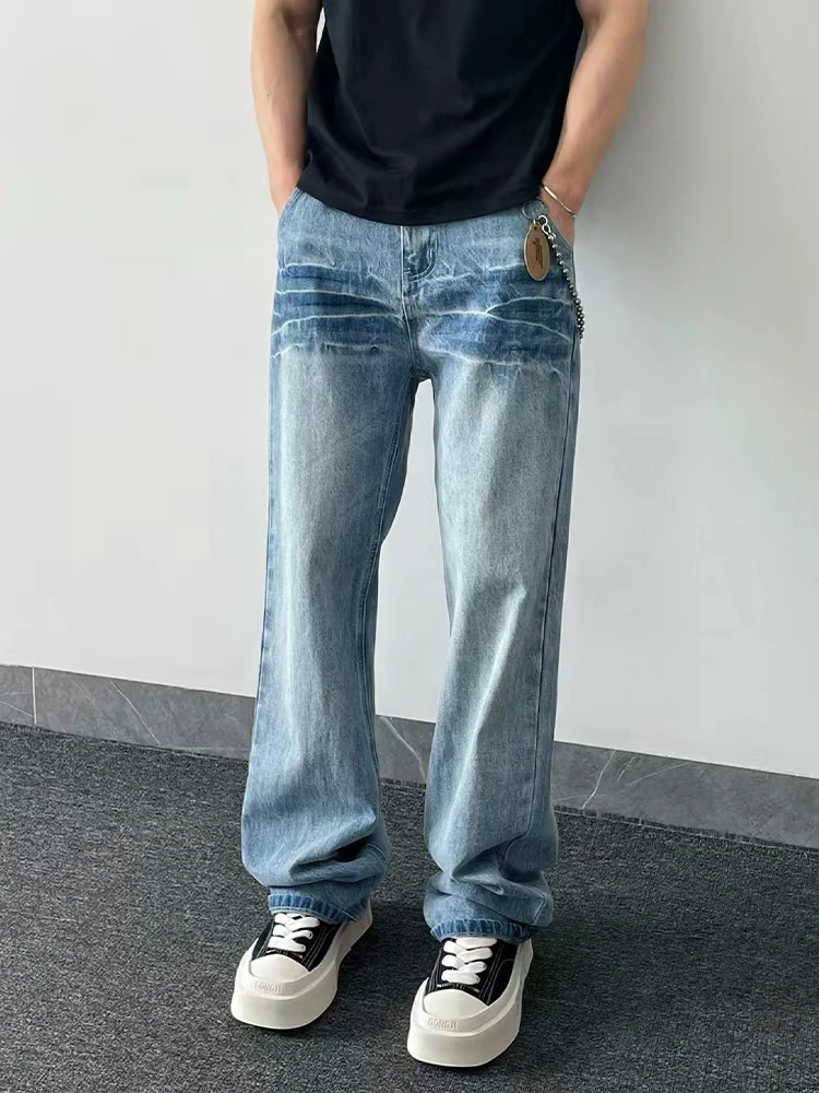 

Мужские джинсы-клеш с узором Fla, осенние, в стиле High Street, прямые, из драпированного денима, ретро, с эффектом потертости