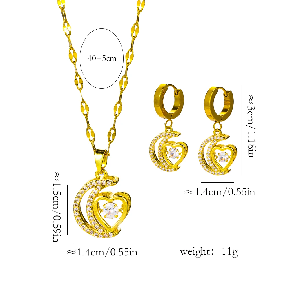 New Romantic Beating Heart Moon Pendant Necklace Earrings For Women Female Daily Wear Stainless Steel Clavicle Chain Jewelry Set