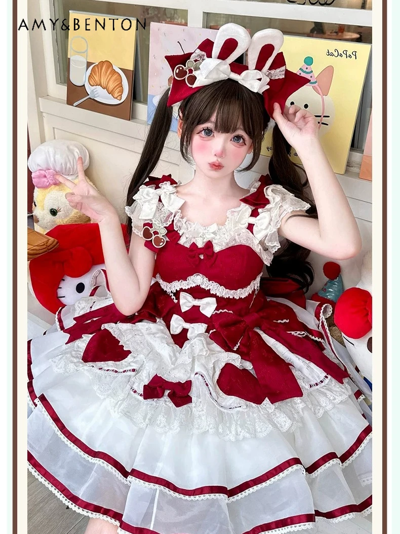 

Sweetheart Girl Original Lolita Velvet Jsk Cake Skirt Cute Bow Lace Splicing Tube Top Tutu Dress Fairy Style Evening Dresses