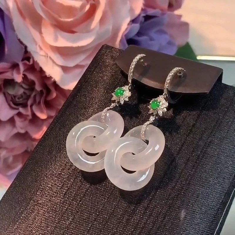 Natural Hetian White Jade Ice Seed Interlocking drop earrings for women luxury elegant and romantic dinner party Silver jewelry