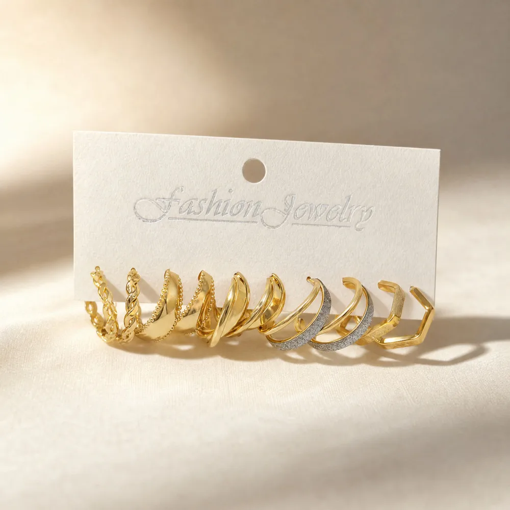5Pairs Alloy Hollow Star Twisted Geometric Twist Hoop Earring Set, Creative Versatile Earring Set, Suitable for Daily Party Wear