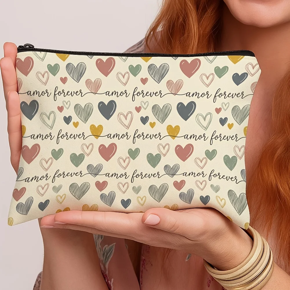 Amor Forever Zipper Pouch Vintage Hand Drawn Multi Color Heart Print Cosmetic Travel Pouch Romantic Gift Amor Forever