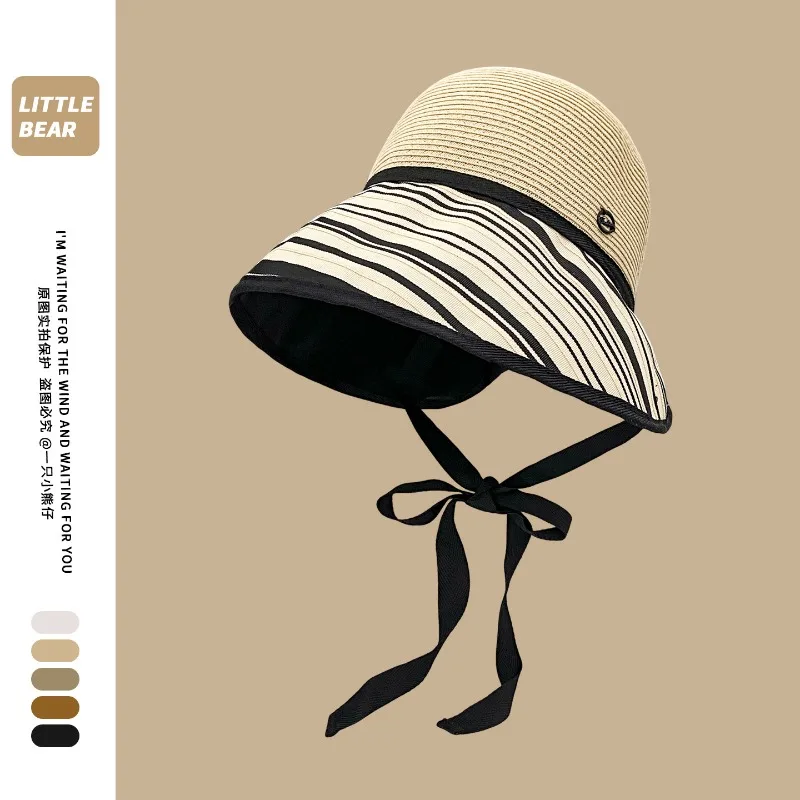 Japanese Vintage Color-blocked Striped Lace-up Large Brim Bucket Hat for Women Summer Vacation Versatile Shade Straw Sun Caps