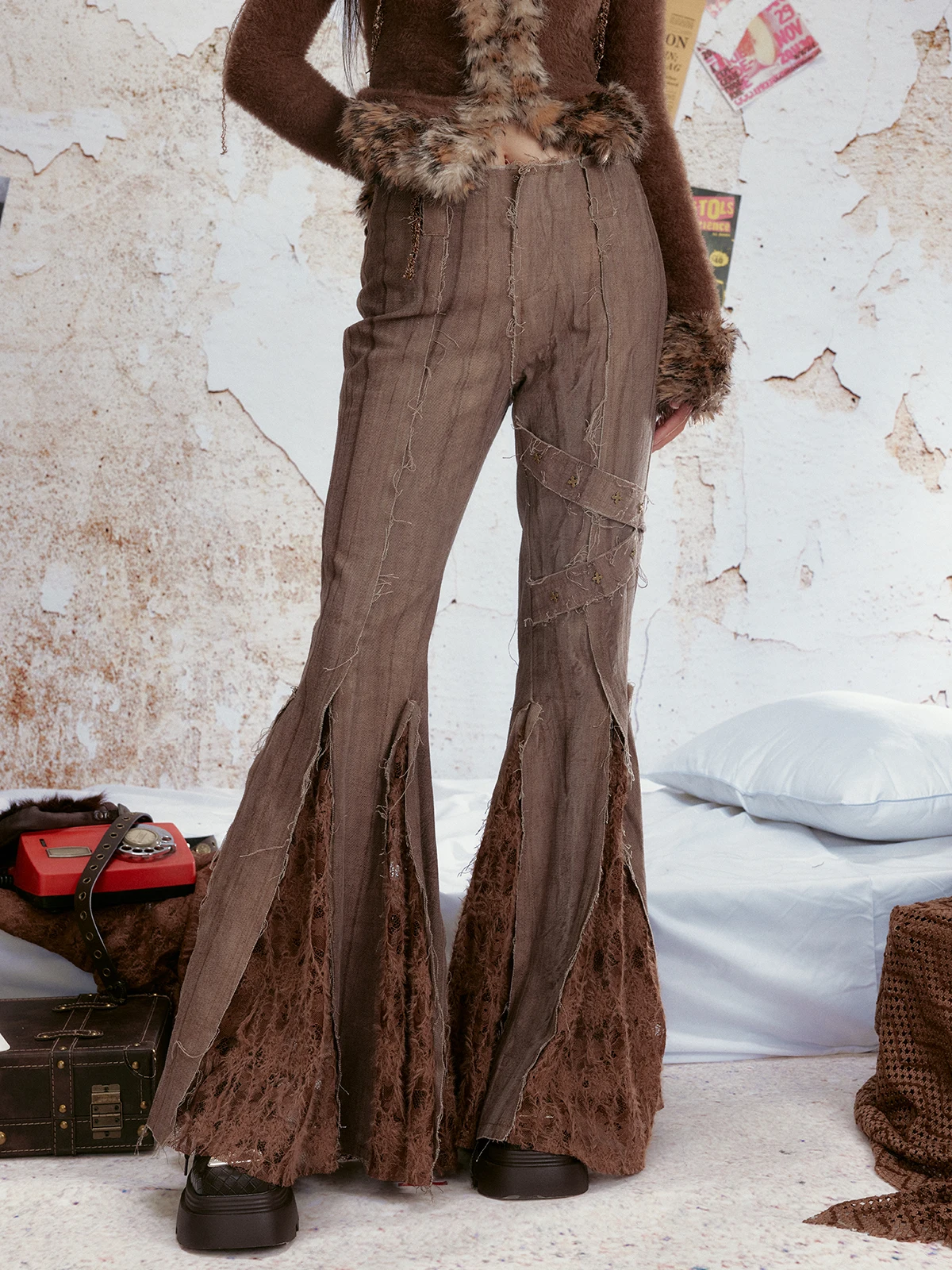 

Original ALLiNplan Retro Tie-Dye Cotton Lace Patchwork Slimming Bell Bot for Trendy Girls Waed Denim Flared Pants