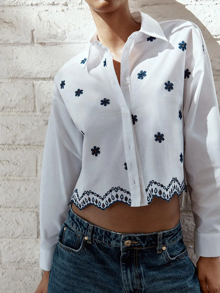 

Spring New Arrival Women's Casual Versatile Embroidered antung Collared Long Sve irt Commute Sle 00% Other Material