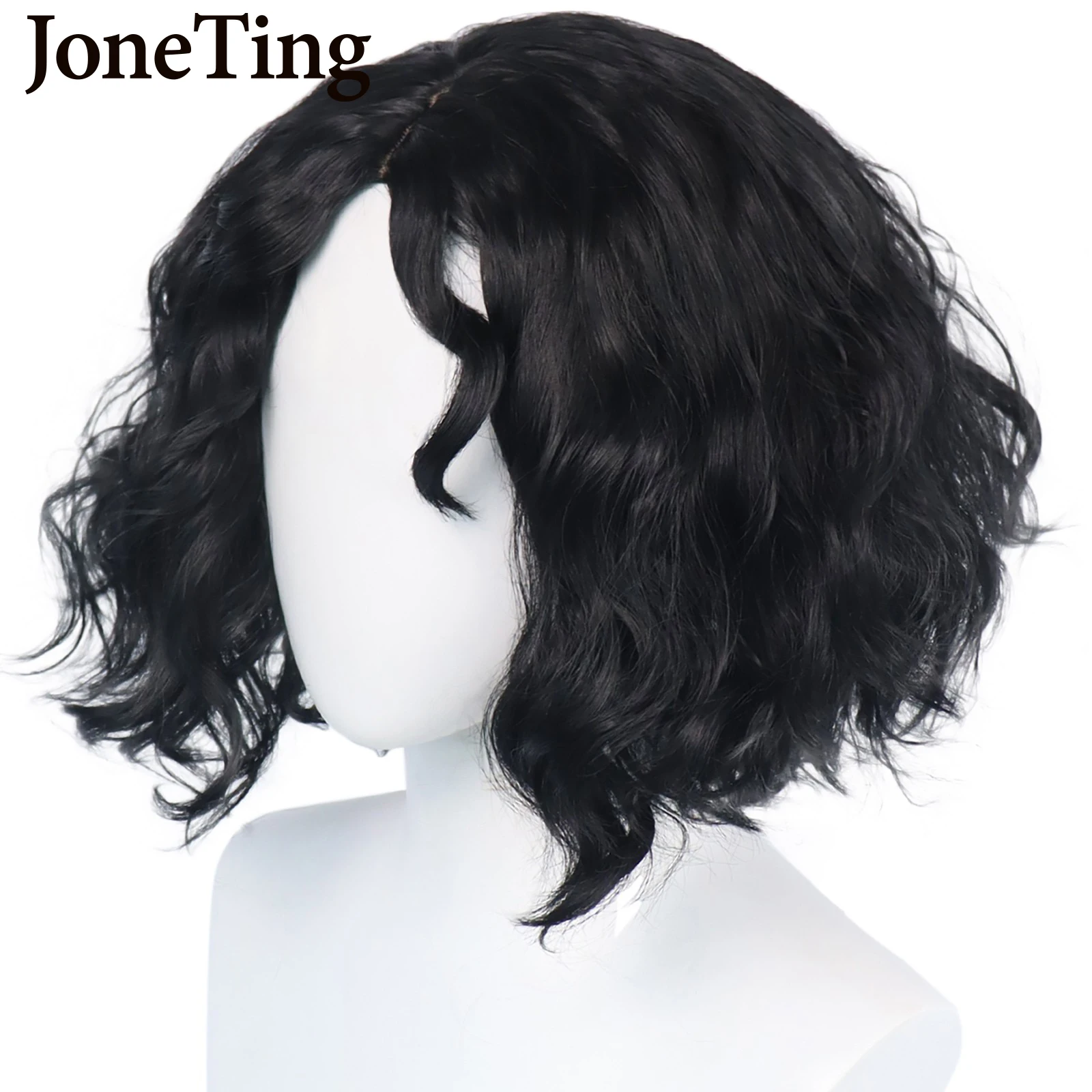 JT Synthetic Men\'s Short Wavy Wigs with Bangs Heat Resistant Fiber Black Curly Cosplay Wig for Women Full Machine Made