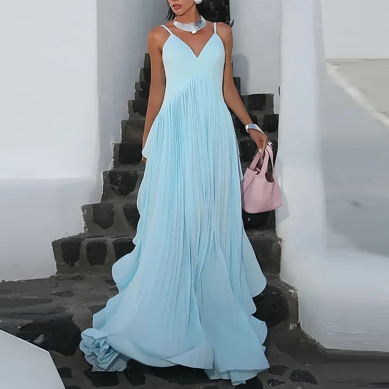 Moda feminina plissado sem mangas sólido estilingue vestido sexy fora do ombro solto balanço vestido elegante profundo decote em v em camadas vestido longo