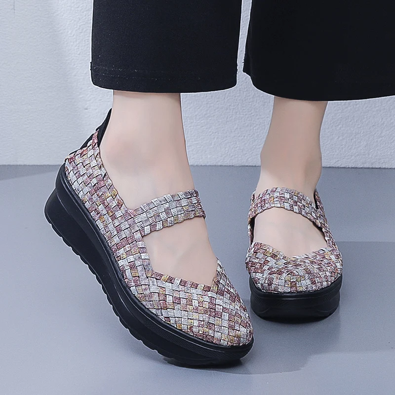 5CM Women Woven Loafers Walking Shoes Sports Outdoor Light Flats Breathable Fitness Sneakers Black Size 35-41