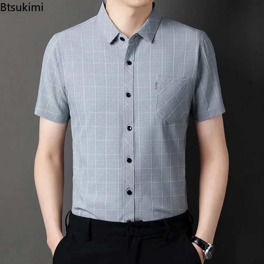 Fashion New Men's Plaid Print Cotton Linen Shirts Summer Short Sleeve Business Casual Blouse Men Breathable All Match Laple Tops