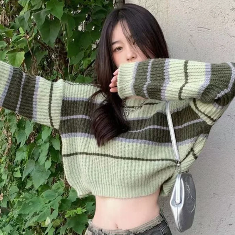 Striped Pullovers for Women Cropped Loose O-neck Ladies Cozy Retro Ins Casual Korean Style Fashion Daily All-match Свитер Tender