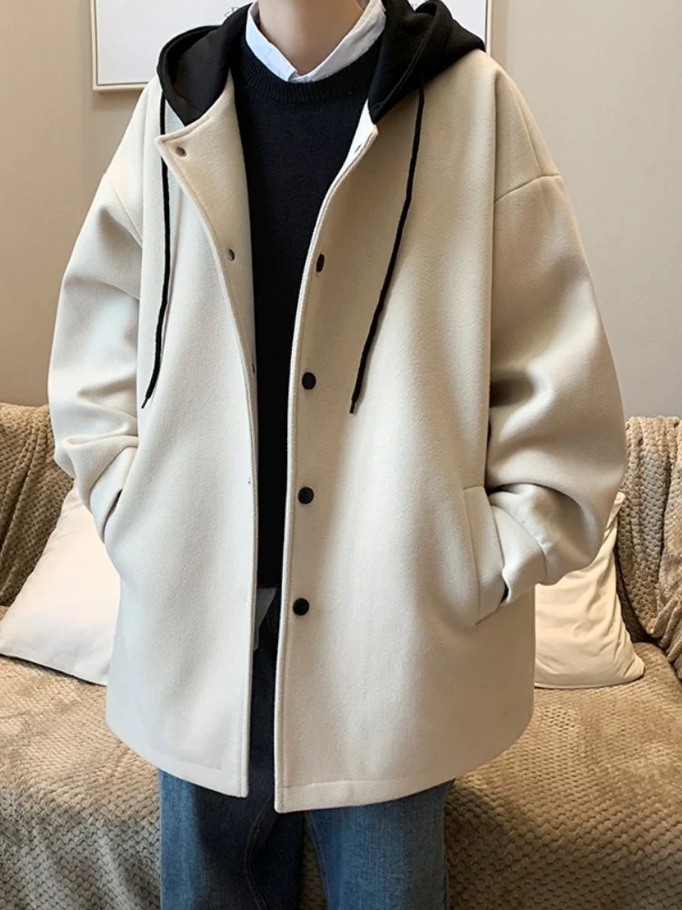 

Модная мужская шерстяная куртка с дизайнерским капюшоном, осенне-зимняя, однотонная, премиум-класса, повседневная, имитация двухслойности