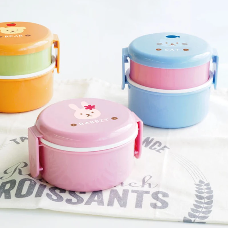 Scatola da pranzo per animali da 540ml scatola da pranzo per bambini rotonda a doppio strato giapponese Mini Bento Box scatola per Snack per bambini scatola per il pranzo per bambini a microonde