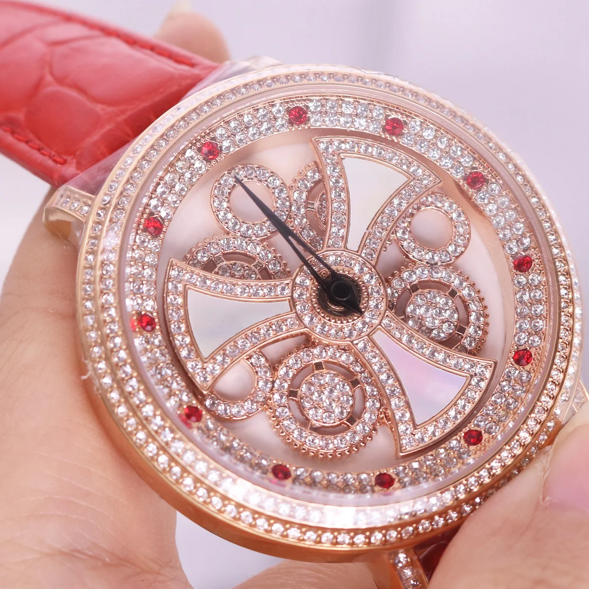 Davena Lady Women's Watch Spin Crystal Rhinestones Hours Fashion Real Leather Bracelet Luxury Girl's Birthday Gift Box