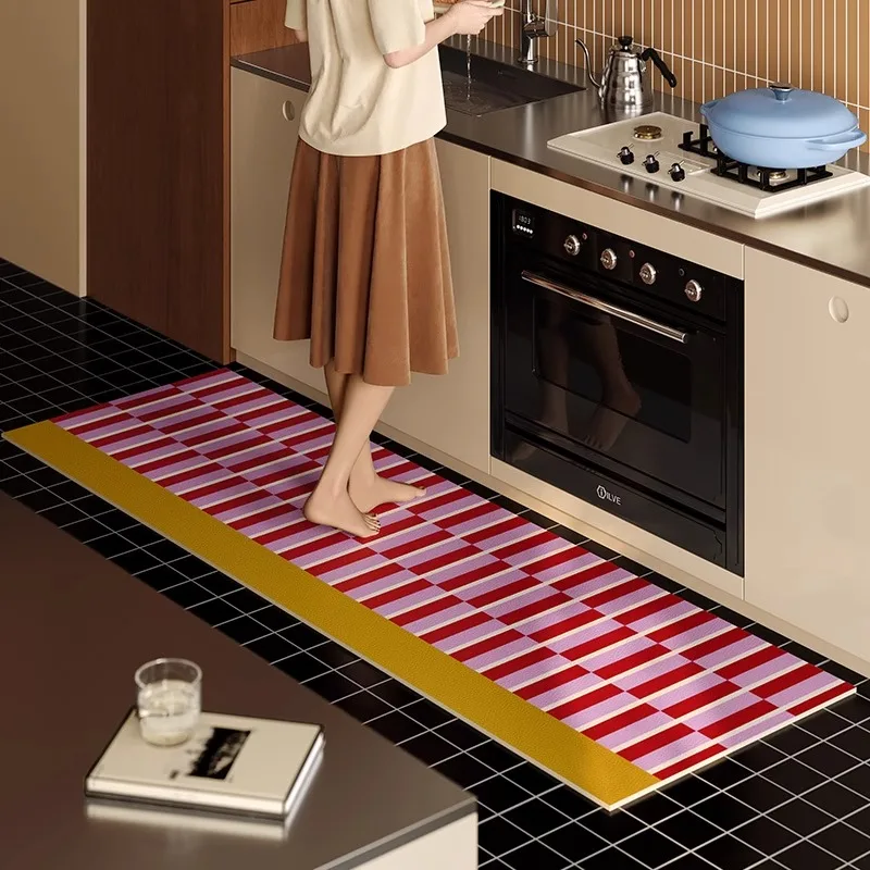Checkerboard Plaid Kitchen Mats Long Strip Runner Carpet Oil-proof Waterproof Kitchen Rugs PVC Leather Washable Floor Mats Tapis
