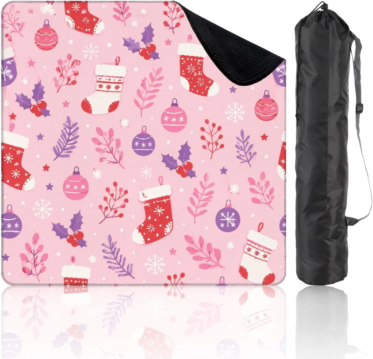 Christmas Stocking Ornament Pink Holly Snowflake Mahjong Mat 31.5x31.5 Non‑Slip Noise‑Reducing Pad with Carrying Bag Gift for Ma